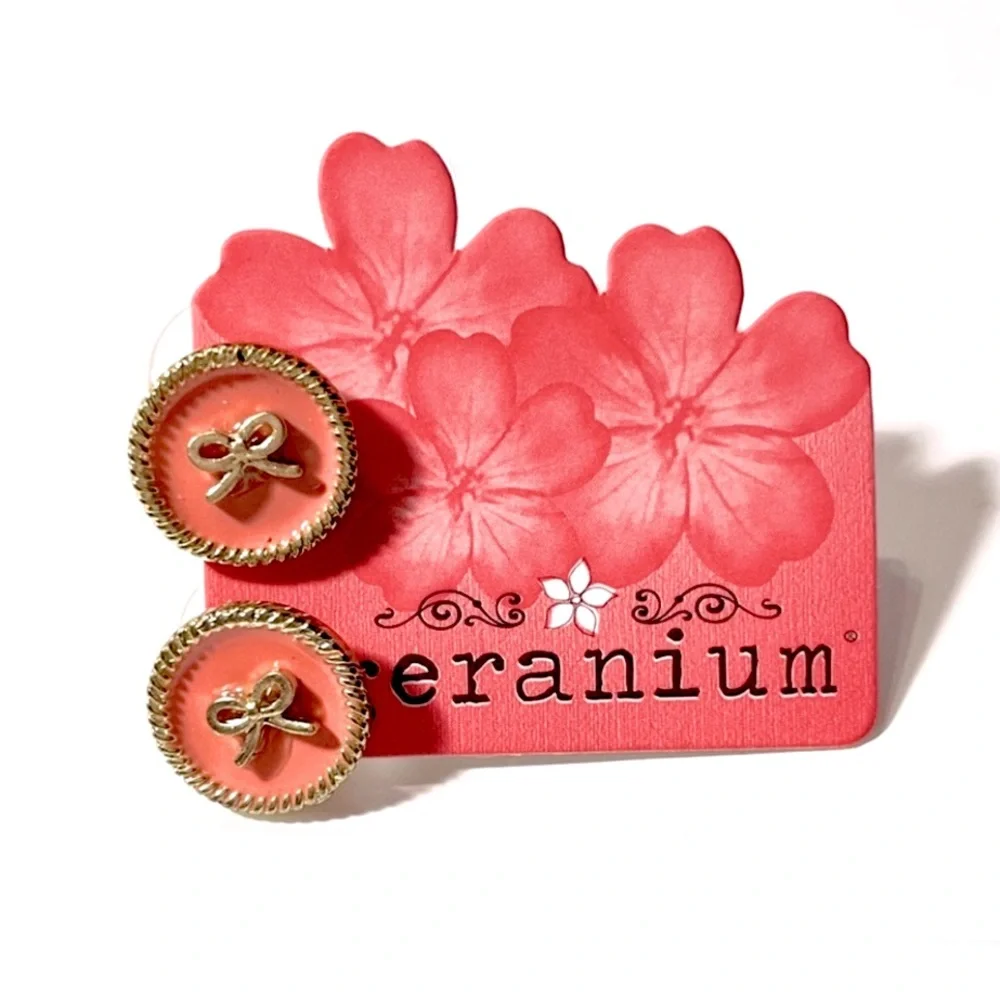 Geranium Coral Pink Enamel and Goldtone Circle Bow Earrings